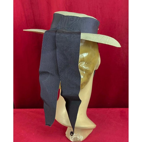 Vintage 1940s 40s Navy Lace Summer Straw Hat Perch Tilt Ribbon Train - Picture 2 of 4